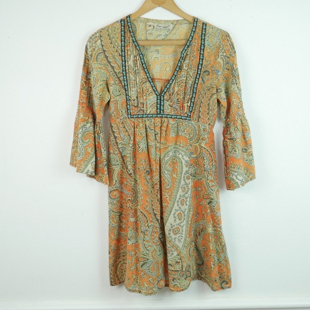 Y2K Small Tunic Dress Tieback Babydoll Paisley Bell Sleeve Fairy Festival Hippie